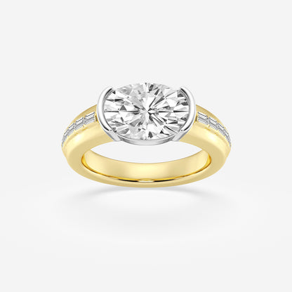 Gold ring with a large diamond and smaller diamonds on the band against a white background
