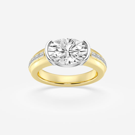Gold ring with a large diamond and smaller diamonds on the band against a white background