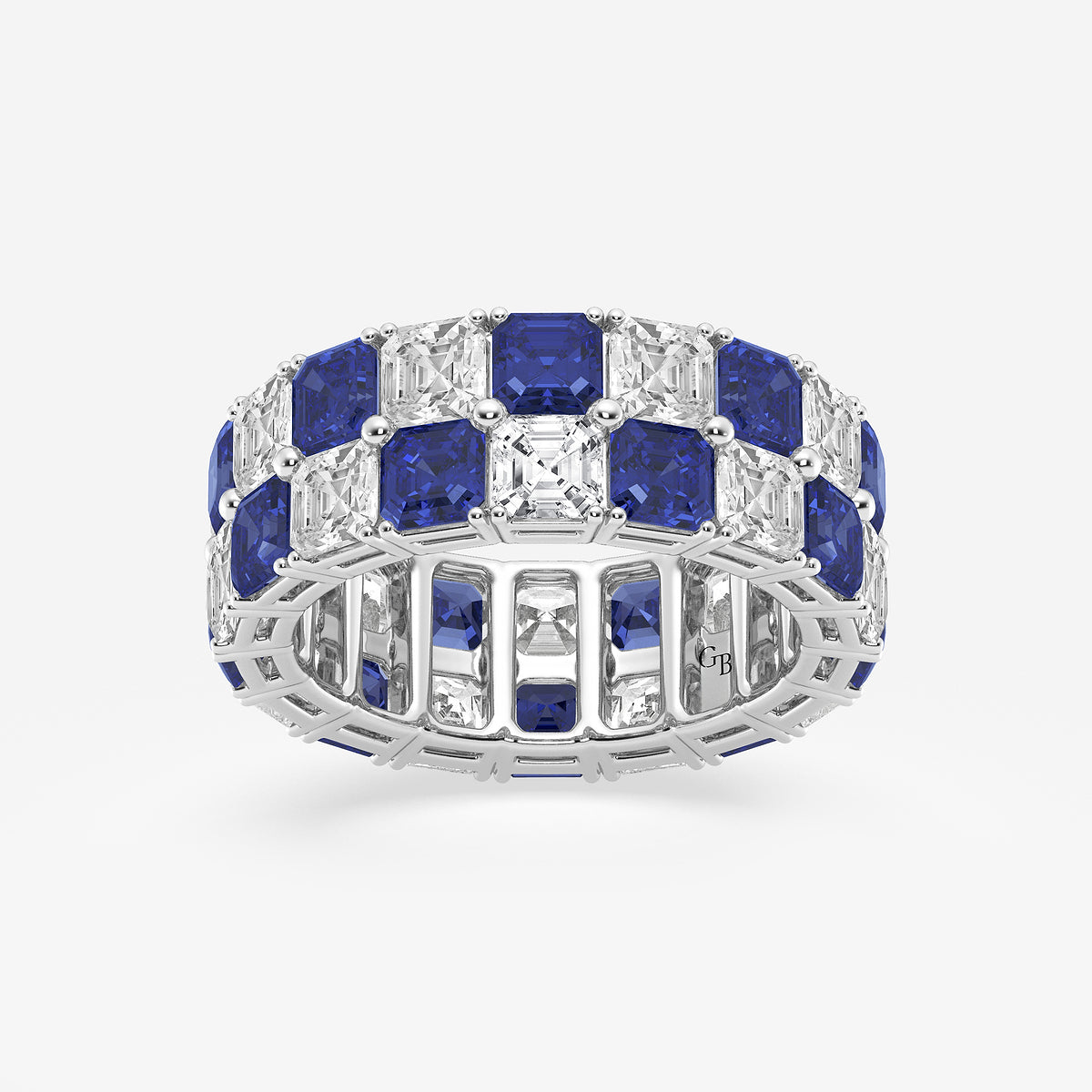 Celeste 3.6x3.6 mm Asscher Cut Created Sapphire and 5 1/2 ctw Asscher Lab Grown Diamond Alternating Two Row Eternity Band - 7.4mm Width    Platinum