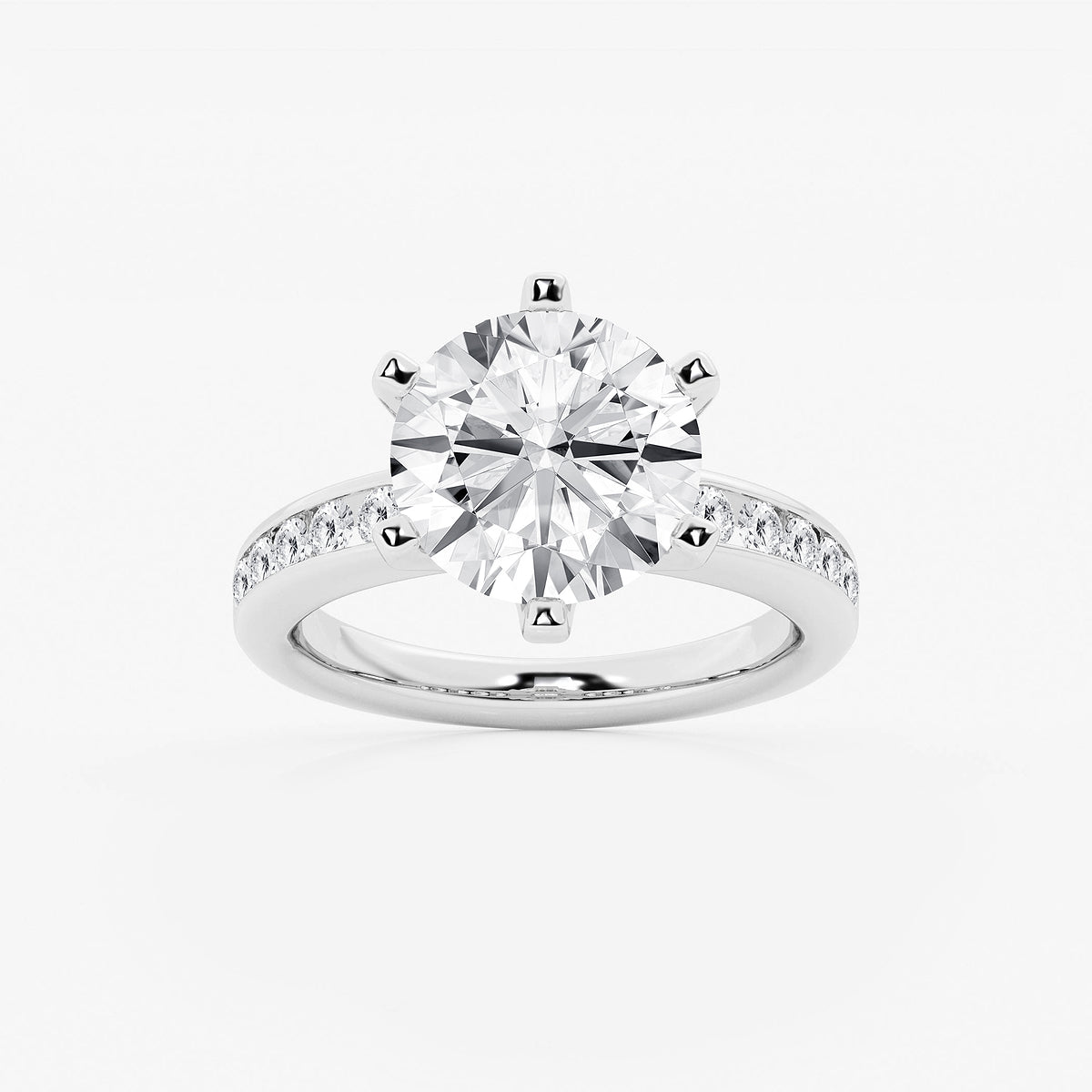 Round Diamond Six Prong Channel Set Side Stone Ring in Platinum - 5.38 CTW