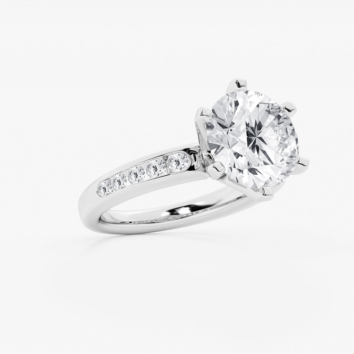 Round Diamond Six Prong Channel Set Side Stone Ring in Platinum - 5.38 CTW