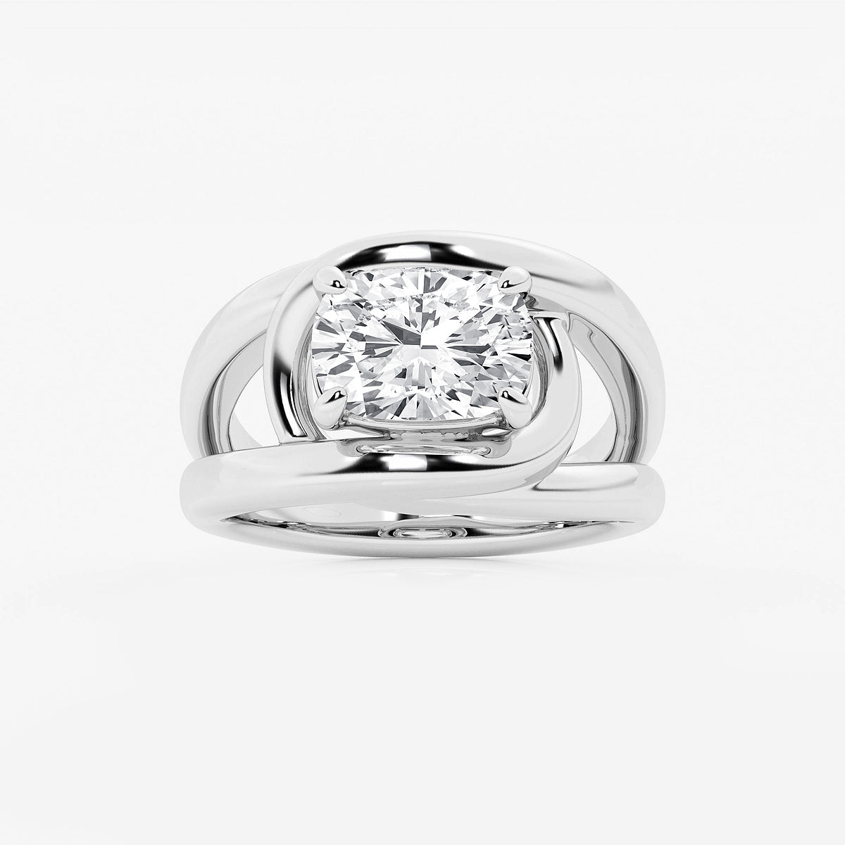 Diamond ring with a white gold band on a light gray background