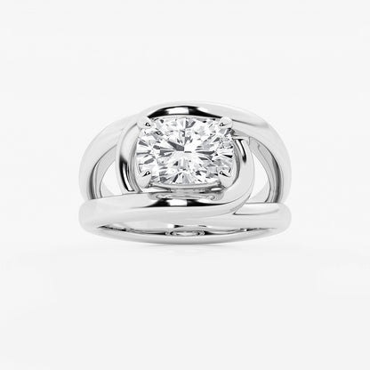 Diamond ring with a white gold band on a light gray background
