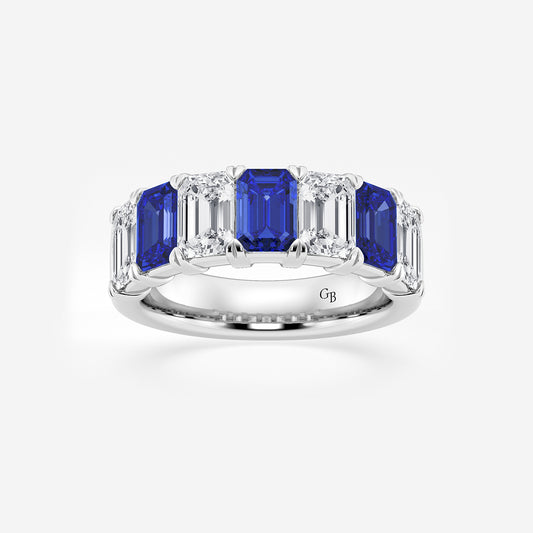 Renee 6 x 4 mm Emerald Cut Created Sapphire and 2 7/8 ctw Emerald Lab Grown Diamond Anniversary Band    14K White Gold