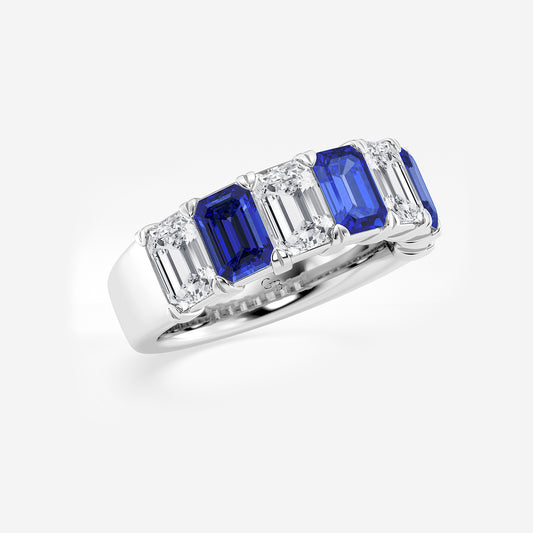 Renee 6 x 4 mm Emerald Cut Created Sapphire and 2 7/8 ctw Emerald Lab Grown Diamond Anniversary Band    14K White Gold