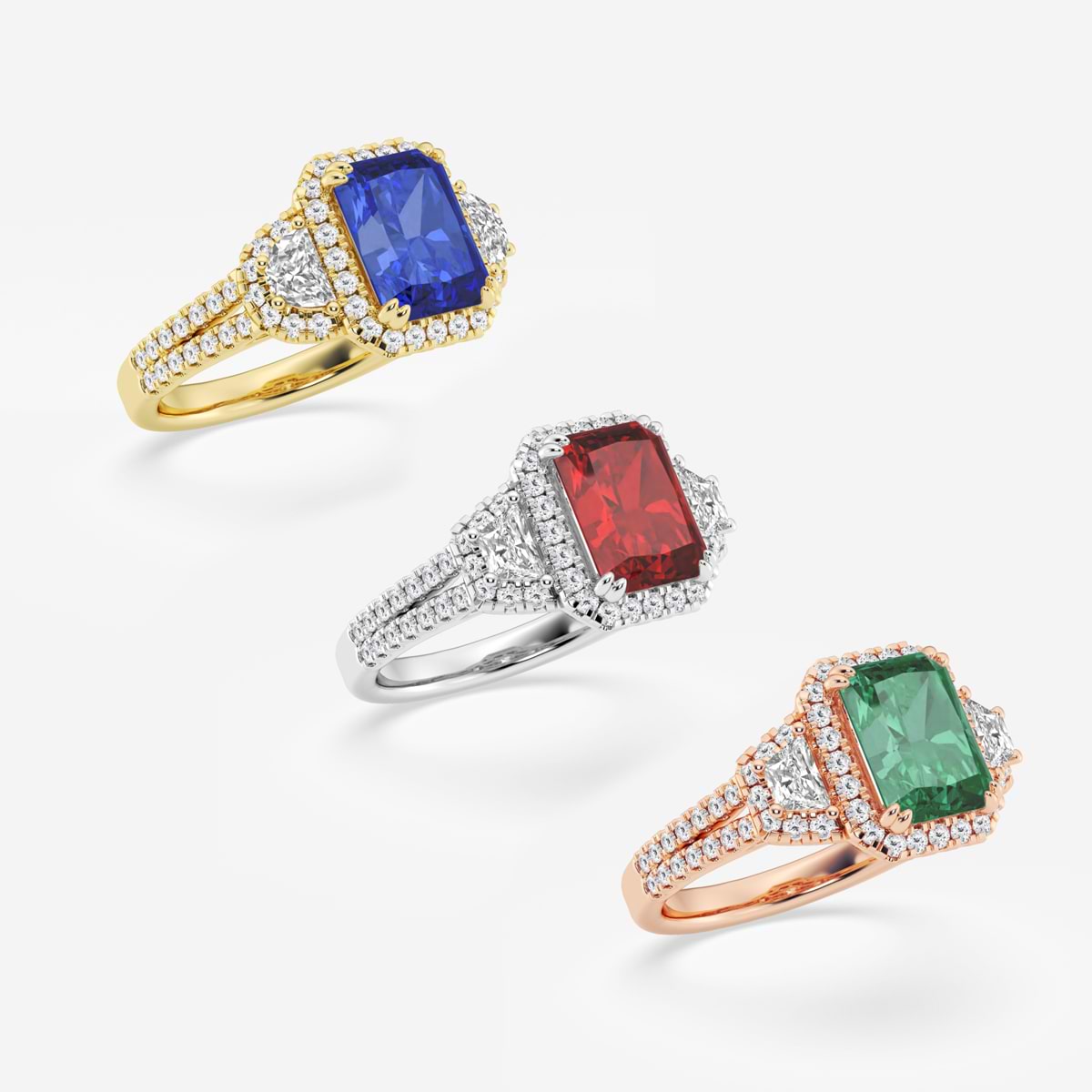 Poppy Radiant Sapphire Engagement Ring with Trapezoid Diamonds