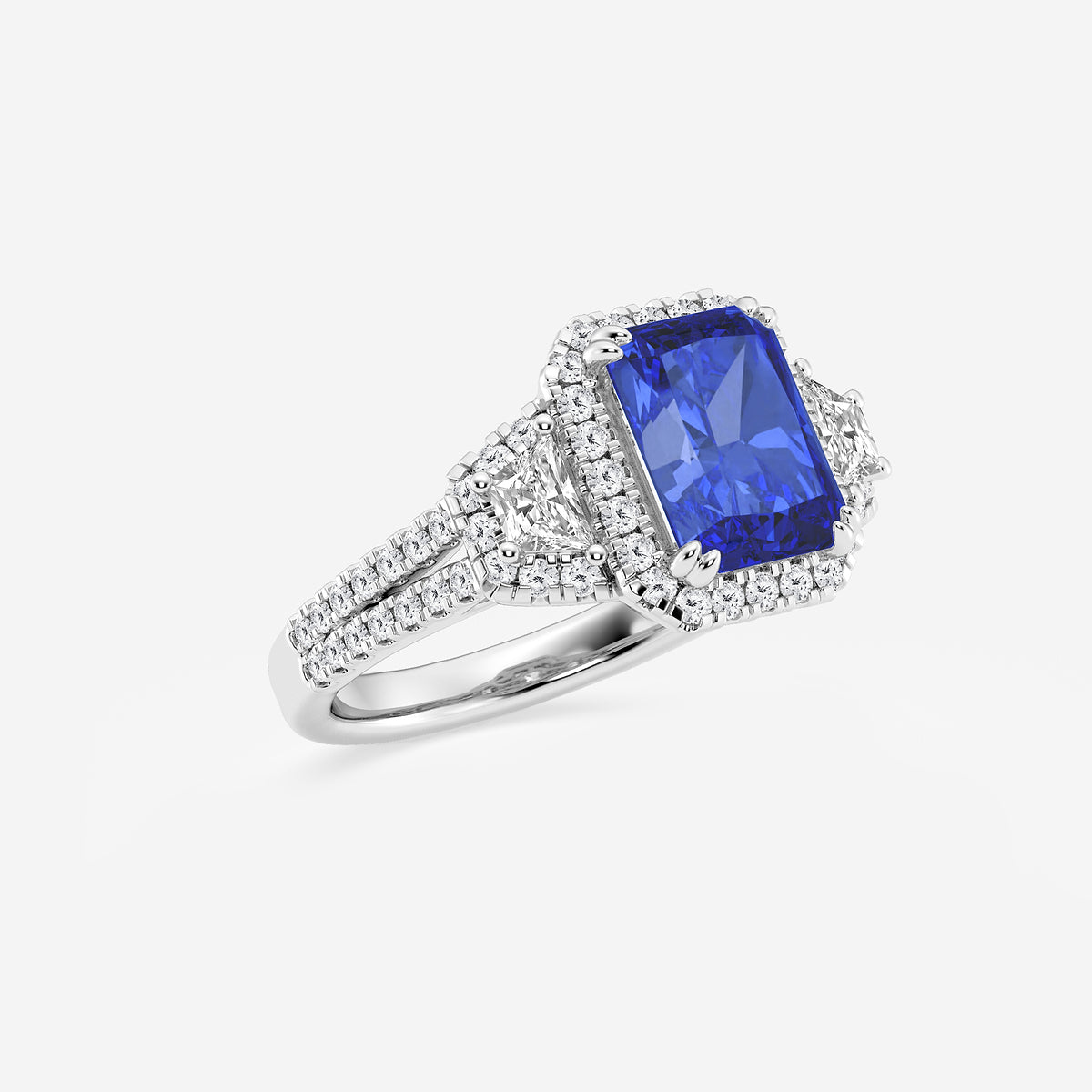 Poppy Radiant Sapphire Engagement Ring with Trapezoid Diamonds