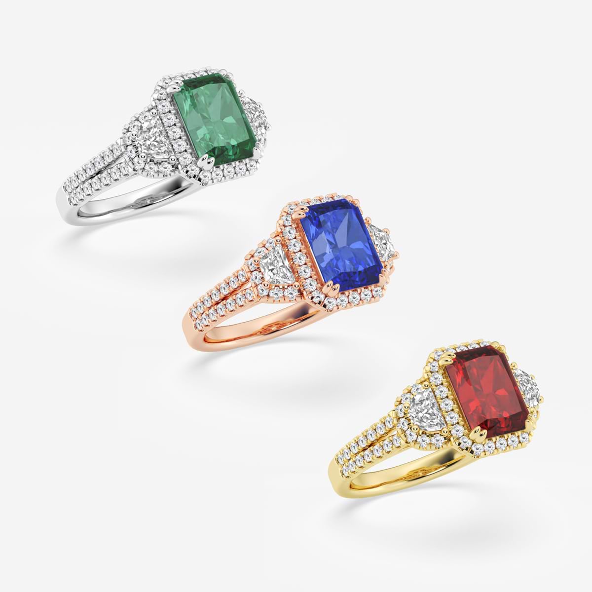 Carnation Radiant Emerald Ring with Round & Half-Moon Diamonds