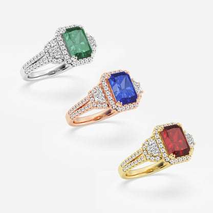 Carnation Radiant Emerald Ring with Round & Half-Moon Diamonds