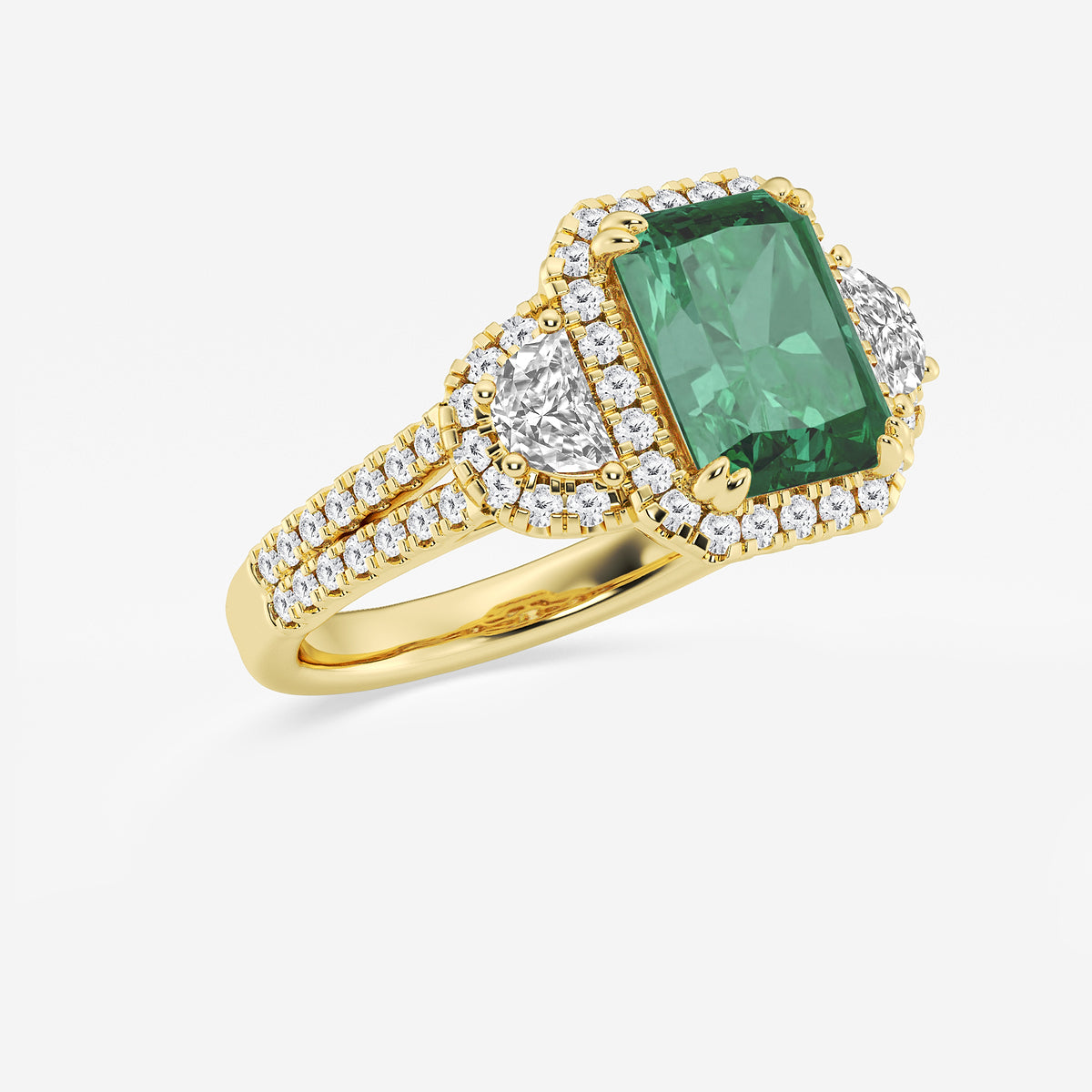 Carnation Radiant Emerald Ring with Round & Half-Moon Diamonds