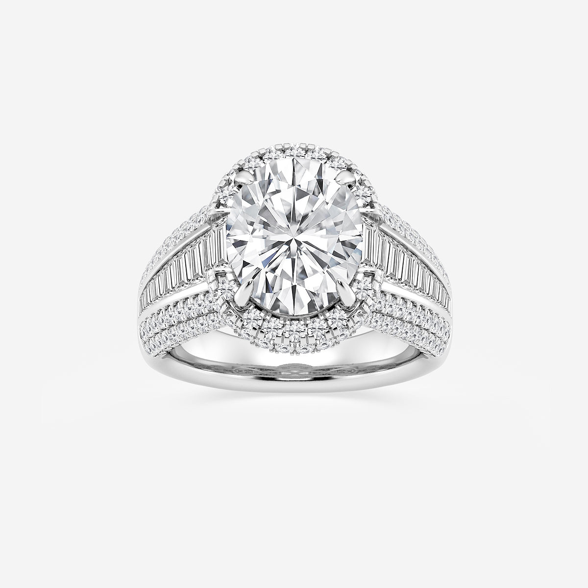 Diamond ring with a large central gemstone and smaller stones on a white background
