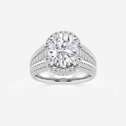 Diamond ring with a large central gemstone and smaller stones on a white background