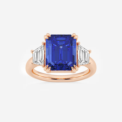Lily Emerald Sapphire Three Stone Ring with Trapezoid Diamonds in 14K Rose Gold - 6 CTW