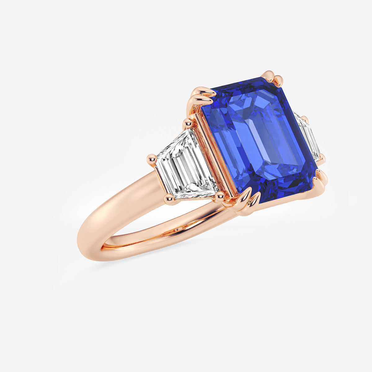 Lily Emerald Sapphire Three Stone Ring with Trapezoid Diamonds in 14K Rose Gold - 6 CTW