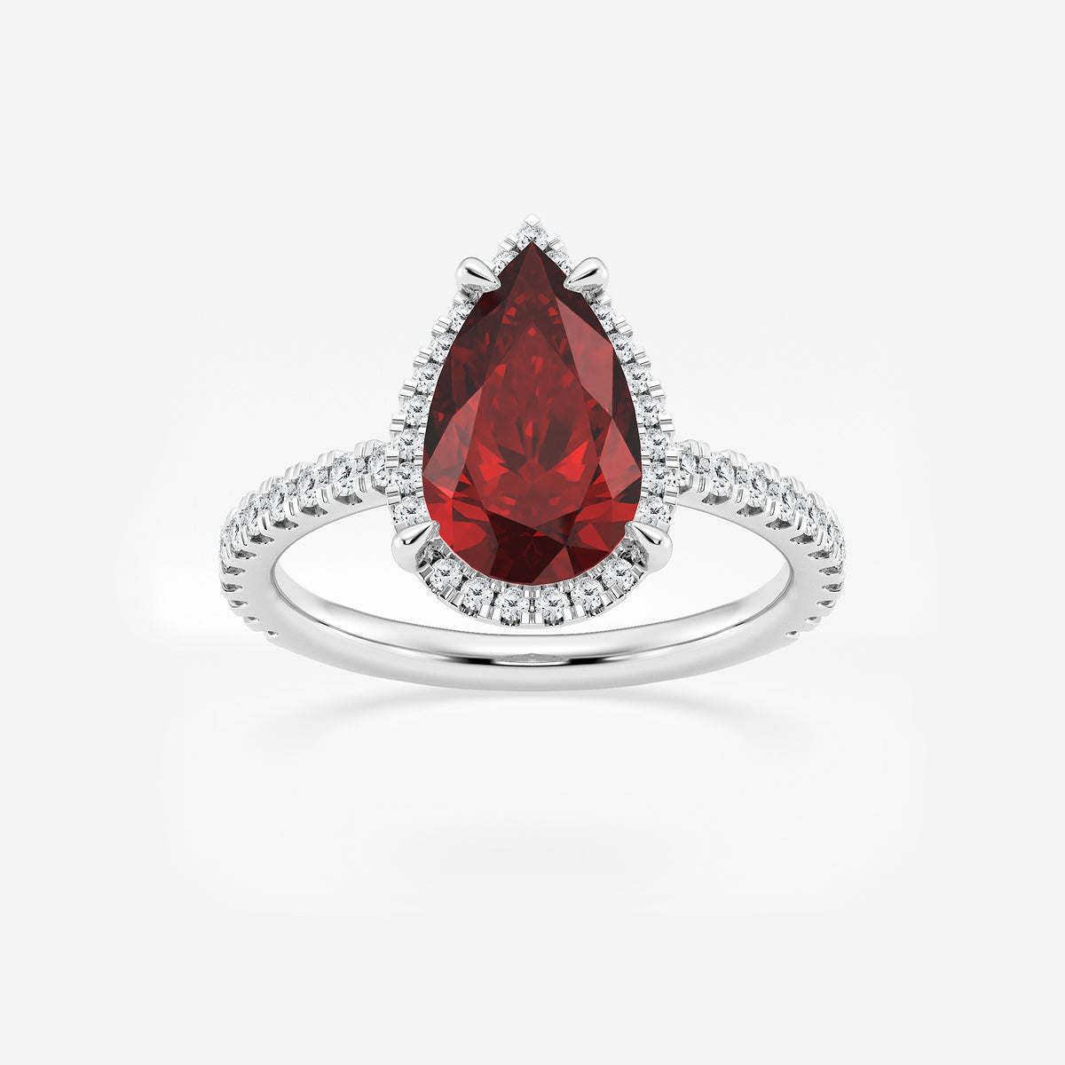 Daffodil Pear Ruby Halo Ring with Lab Diamonds
