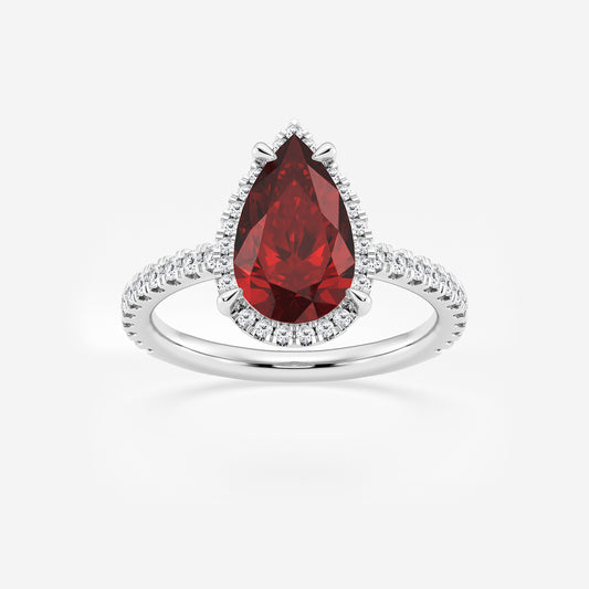 Daffodil Pear Ruby Halo Ring with Lab Diamonds