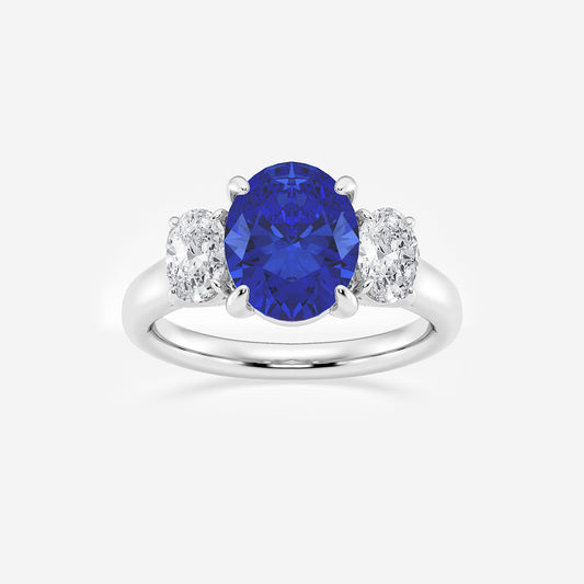 Ring with a blue gemstone and diamond accents on a white background