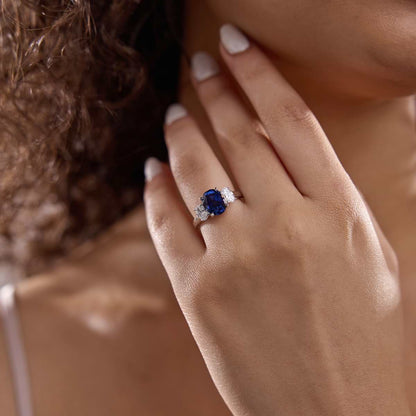 Gardenia Oval Sapphire Three Stone Ring with Oval Diamonds