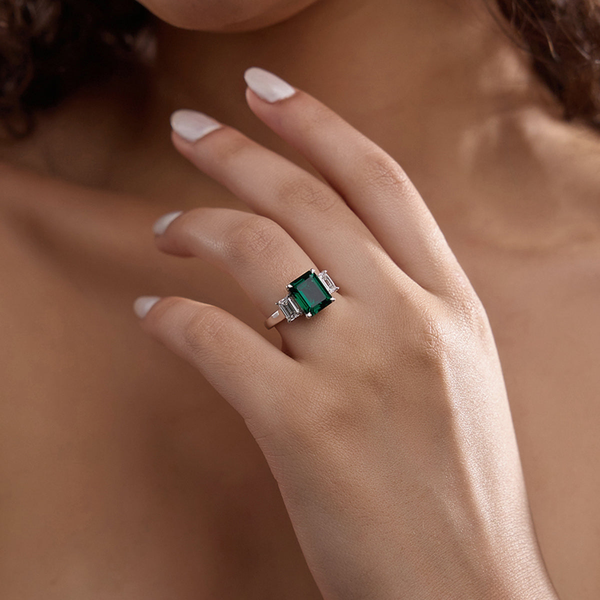 Tulip Emerald & Diamond Three Stone Ring