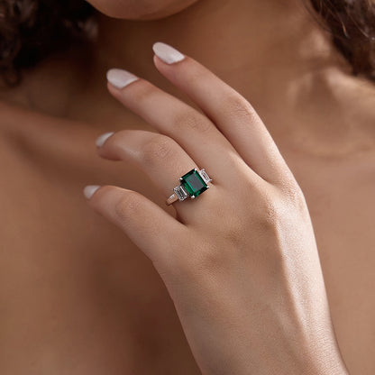 Tulip Emerald & Diamond Three Stone Ring