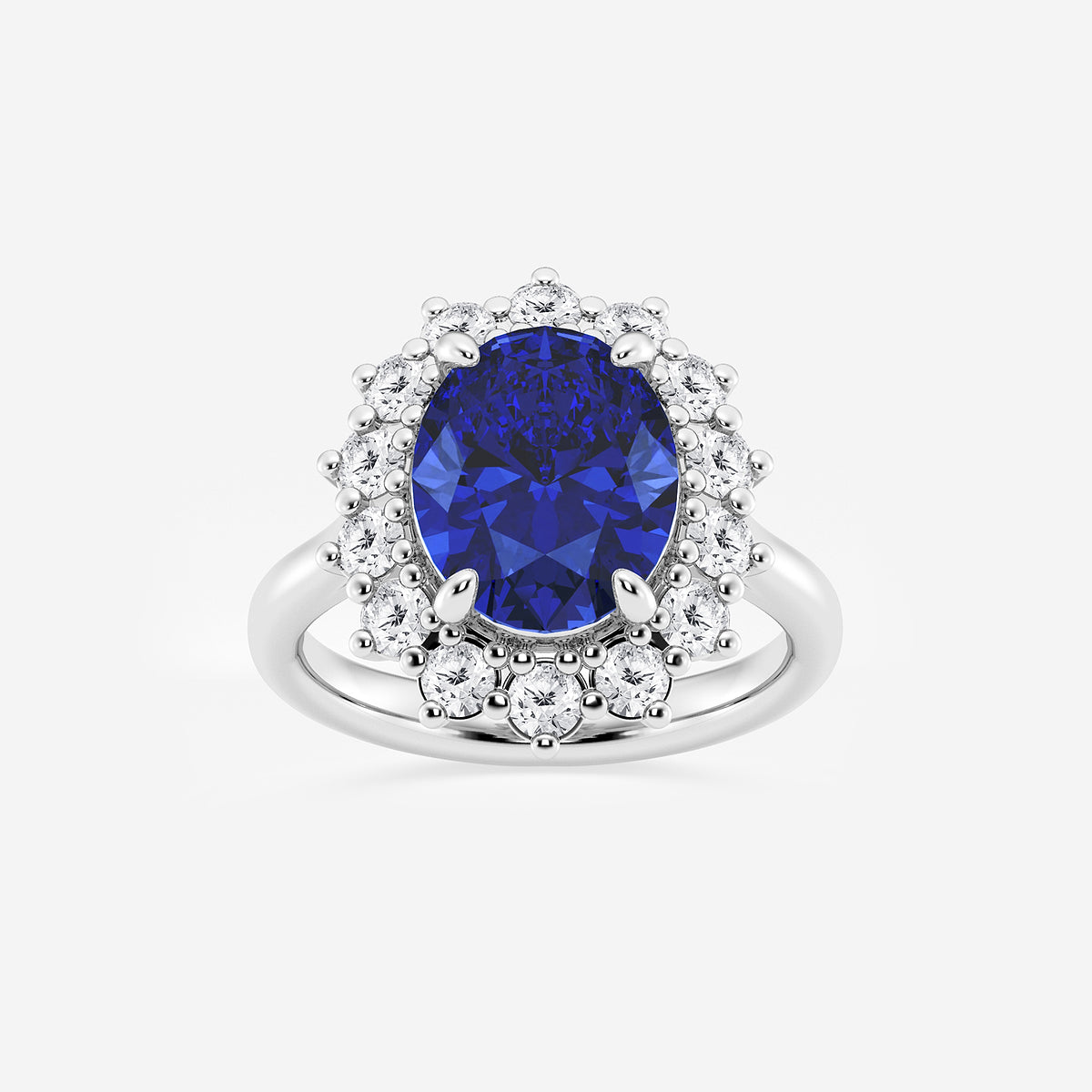 Silver ring with a blue gemstone and diamond accents on a white background