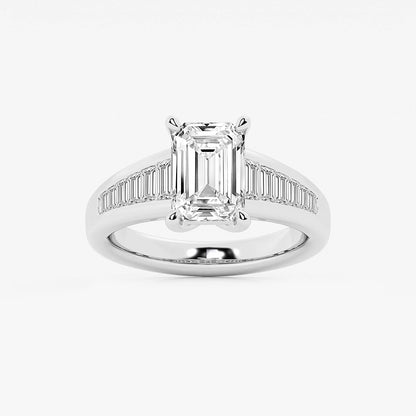 Diamond ring with emerald-cut center stone and baguette side stones on a white background