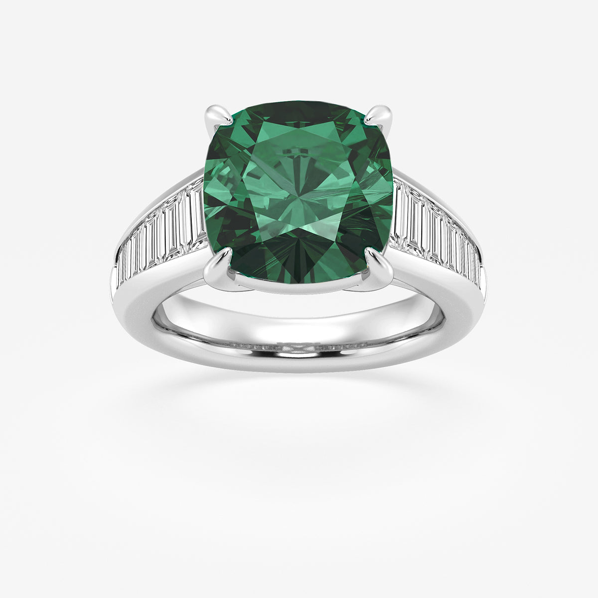 Primrose Cushion Emerald Engagement Ring with Baguette Diamonds