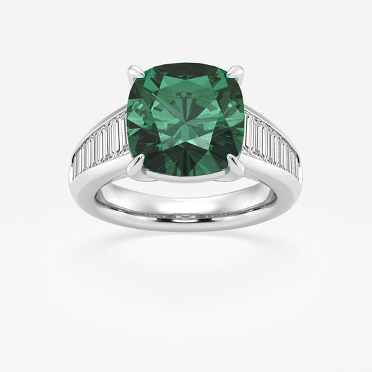 Primrose Cushion Emerald Engagement Ring with Baguette Diamonds