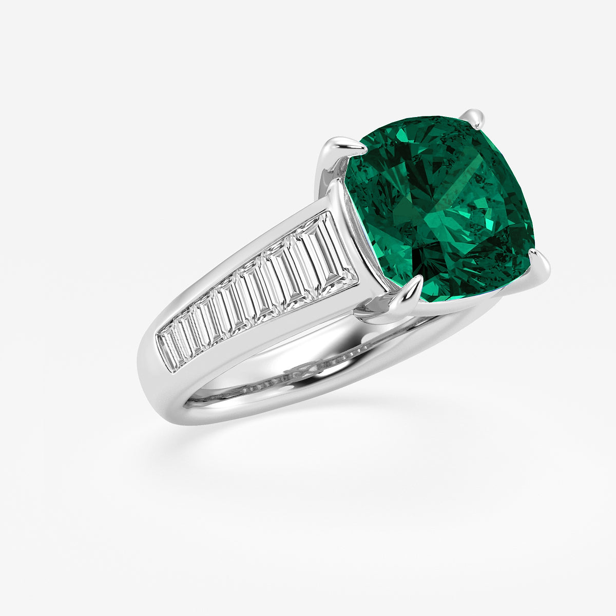 Primrose Cushion Emerald Engagement Ring with Baguette Diamonds