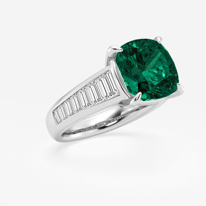 Primrose Cushion Emerald Engagement Ring with Baguette Diamonds
