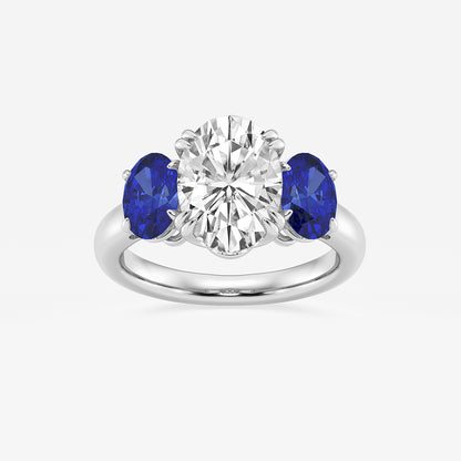 Tajna Oval Diamond & Sapphire Three Stone Hidden Halo Ring in 14K White Gold - 3.875 CTW