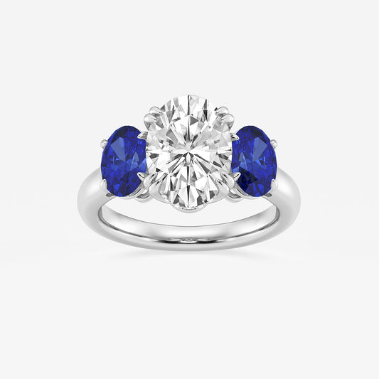 Tajna Oval Diamond & Sapphire Three Stone Hidden Halo Ring in 14K White Gold - 3.875 CTW