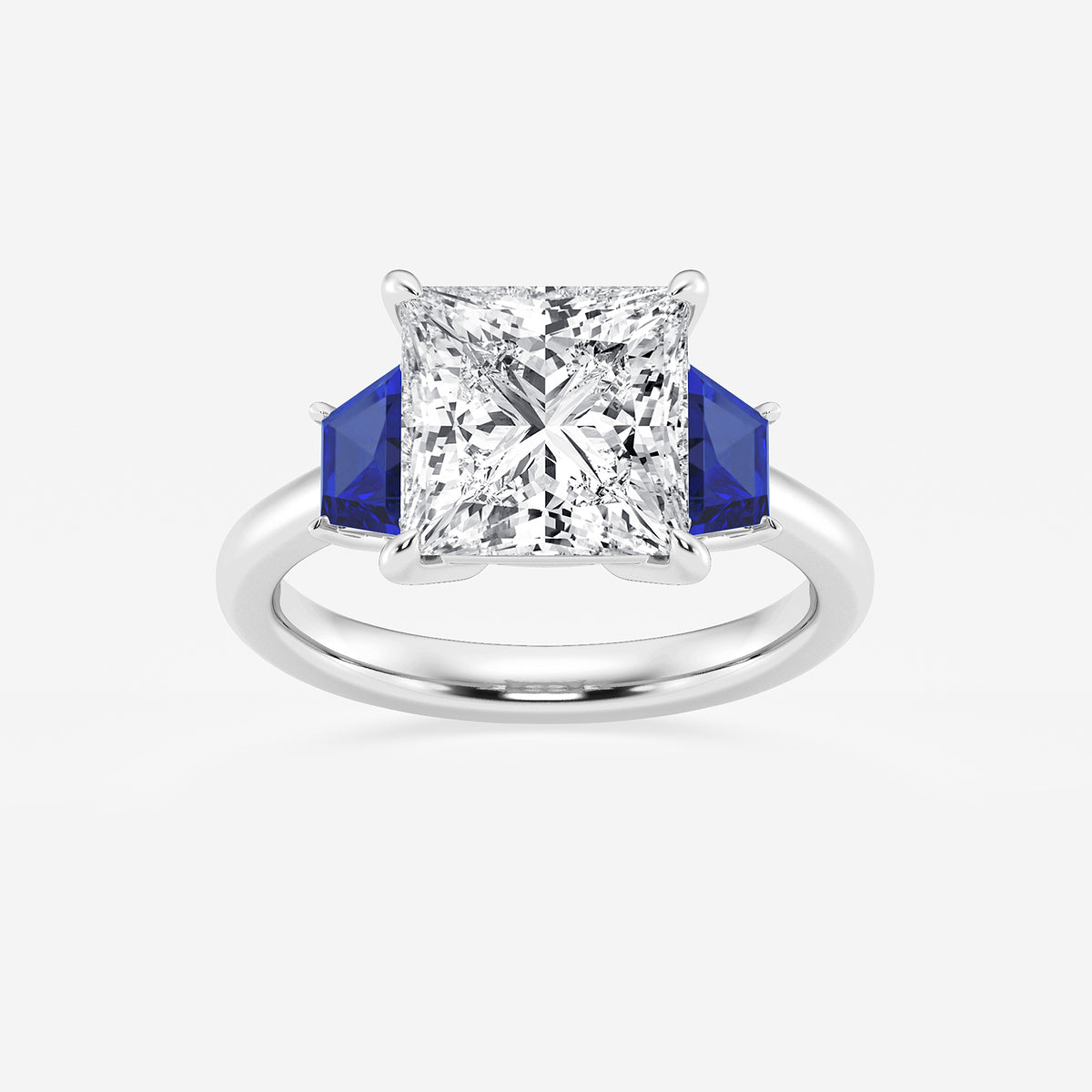 Camellia Princess Diamond Three Stone Ring with Sapphire Sides in Platinum - 4 CTW