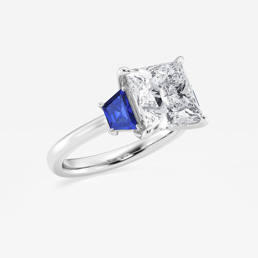 Camellia Princess Diamond Three Stone Ring with Sapphire Sides in Platinum - 4 CTW