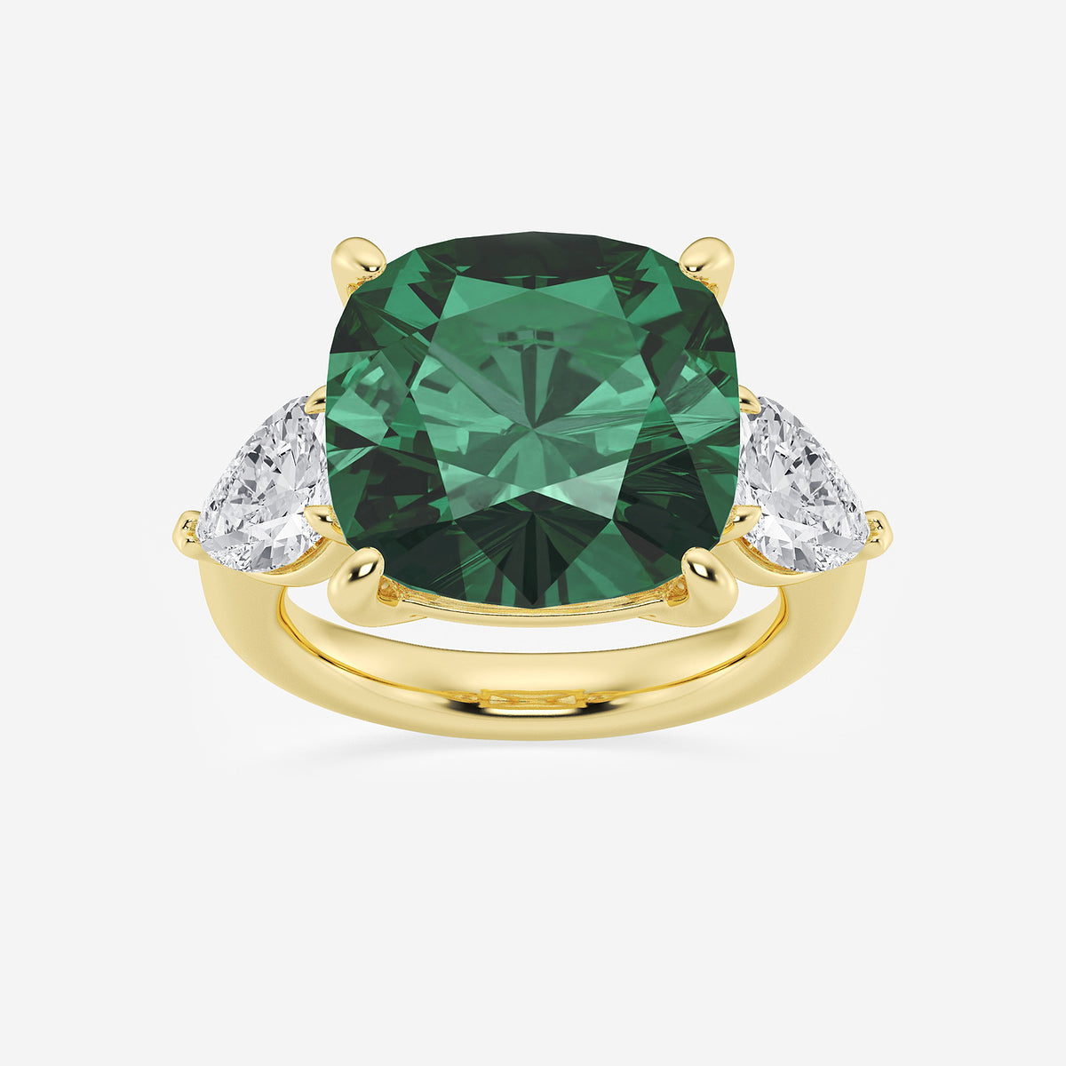 Peony Cushion Emerald Three Stone Ring with Pear Diamonds