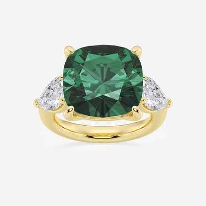 Peony Cushion Emerald Three Stone Ring with Pear Diamonds