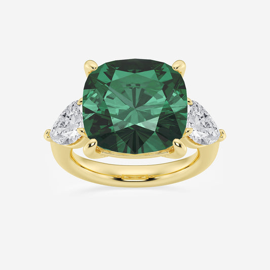 Peony Cushion Emerald Three Stone Ring with Pear Diamonds