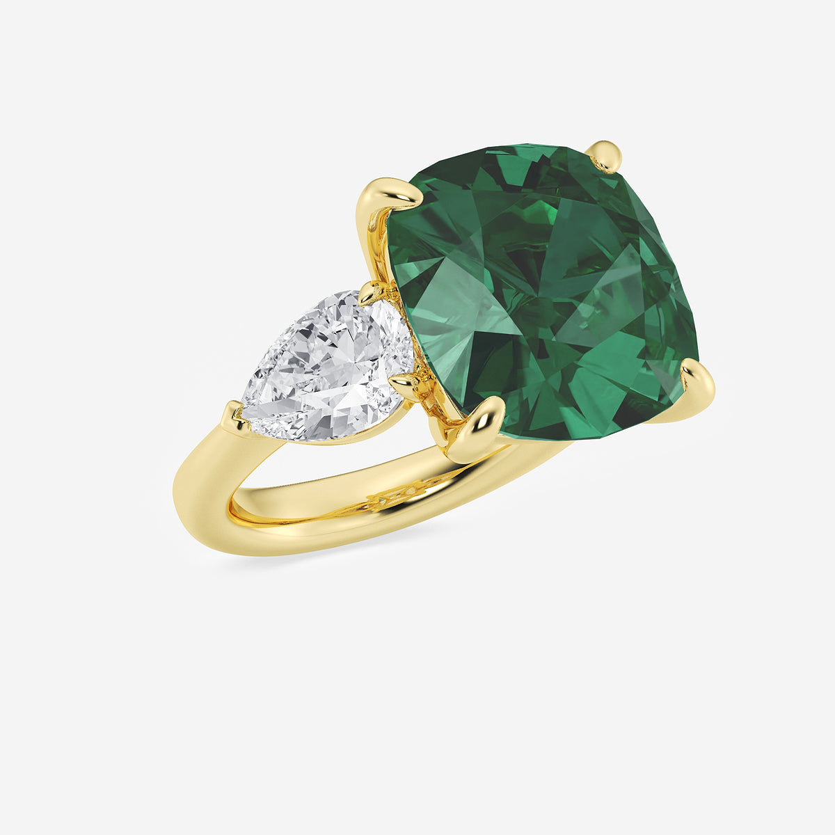 Peony Cushion Emerald Three Stone Ring with Pear Diamonds