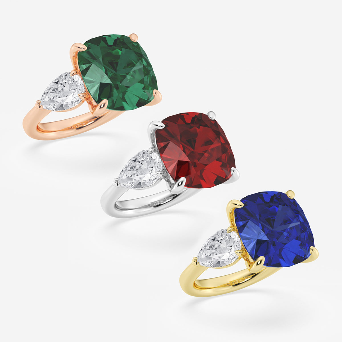 Peony Cushion Emerald Three Stone Ring with Pear Diamonds