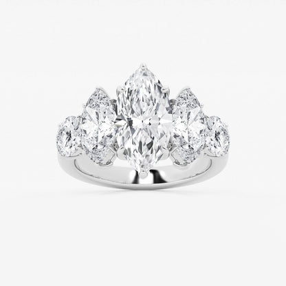 Diamond ring with pear-shaped stones on a white background