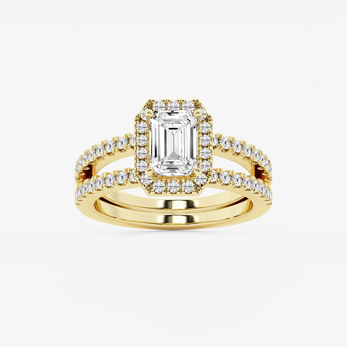 Sunshine Emerald Diamond Double Shank Halo Ring in 14K Yellow Gold - 2.125 CTW