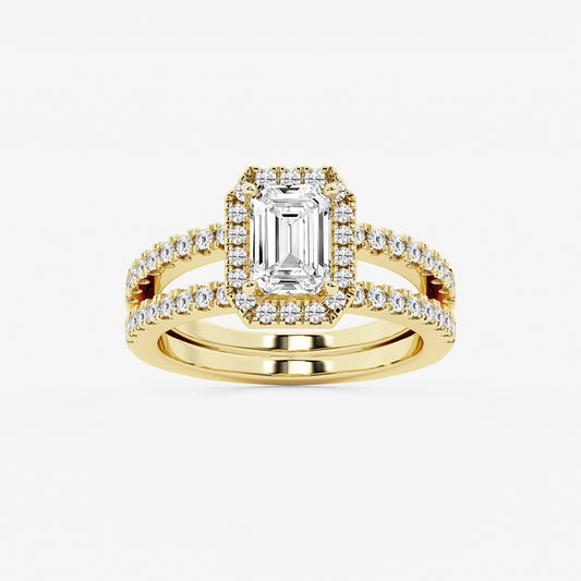 Sunshine Emerald Diamond Double Shank Halo Ring in 14K Yellow Gold - 2.125 CTW