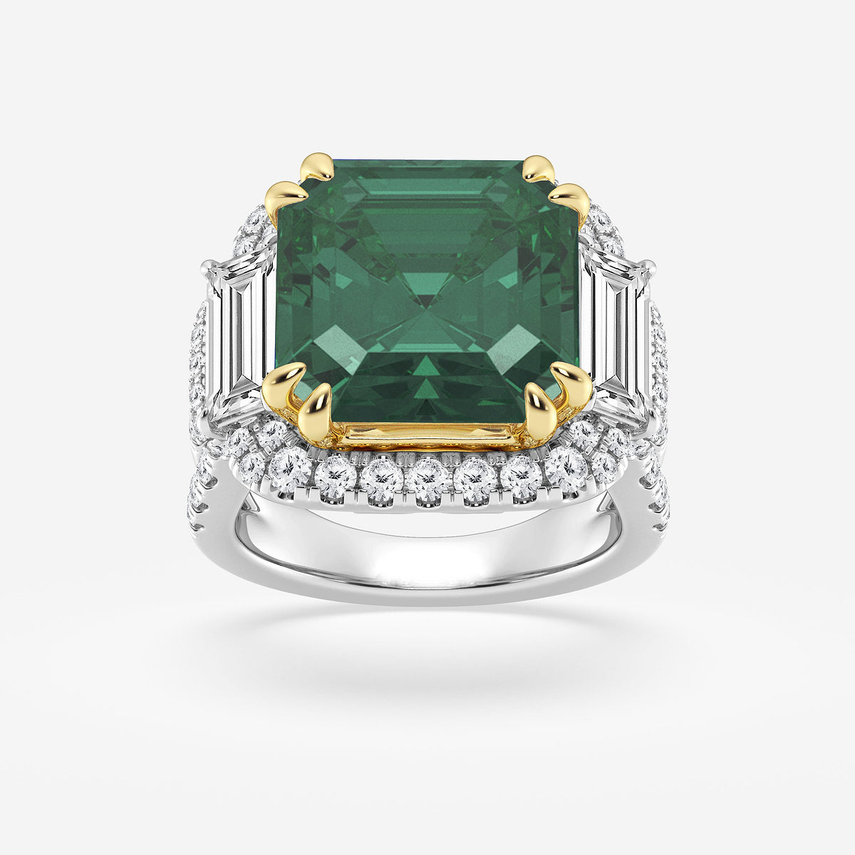 Ring with a green gemstone and diamond-studded band