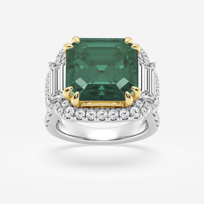 Ring with a green gemstone and diamond-studded band