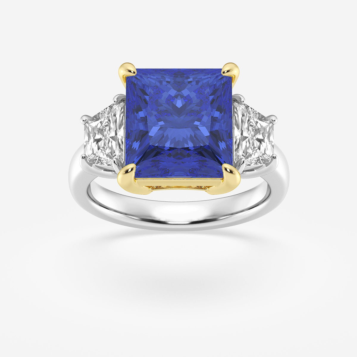 Ring with a blue gemstone and diamond accents on a white background
