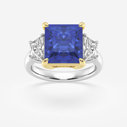 Ring with a blue gemstone and diamond accents on a white background