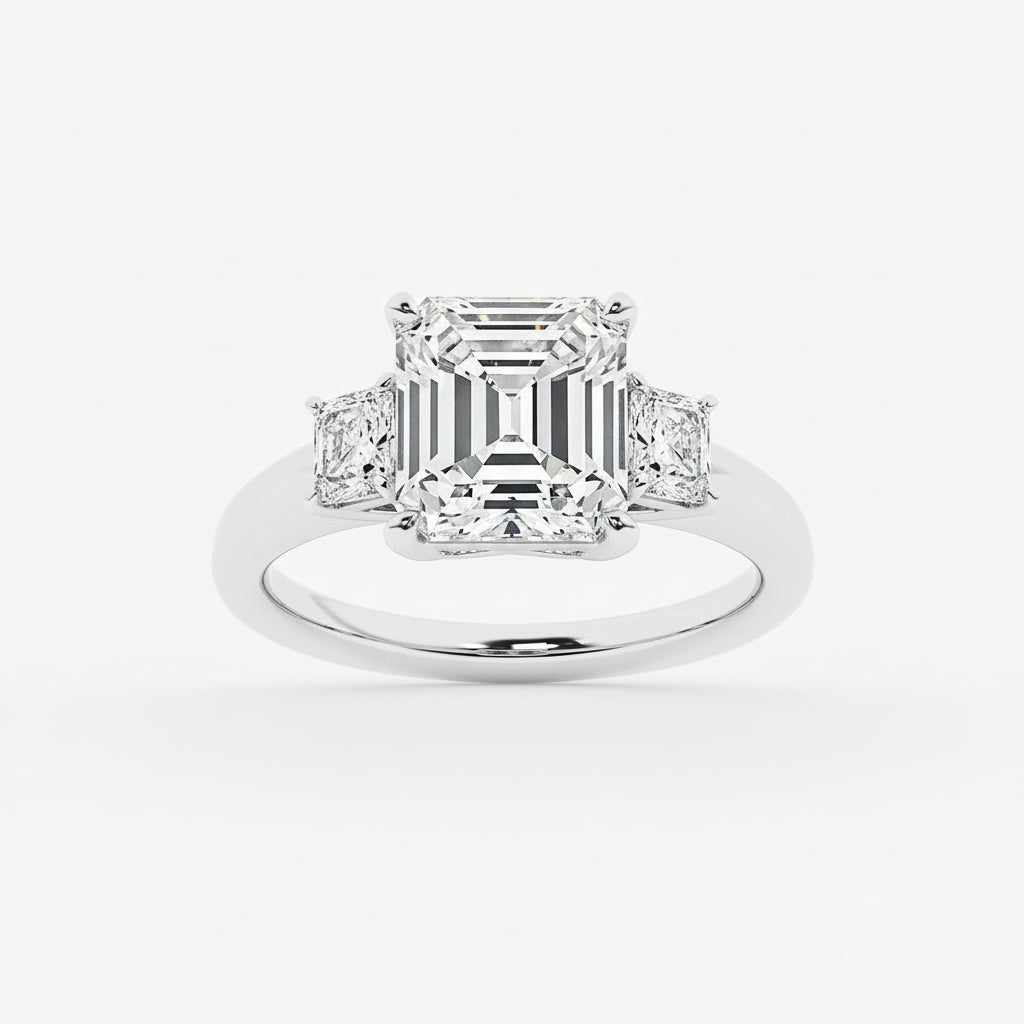 Diamond ring with asscher-cut diamond on a white background