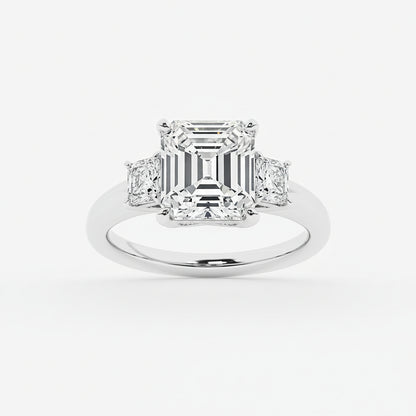 Diamond ring with asscher-cut diamond on a white background